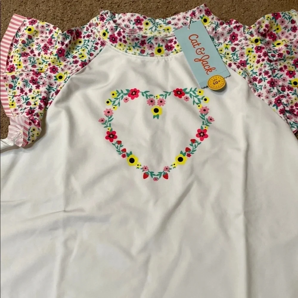 Girl’s White & Floral Top & Teal Shorts Set  7/8Plus UPF 50+ NWT Summer Beach